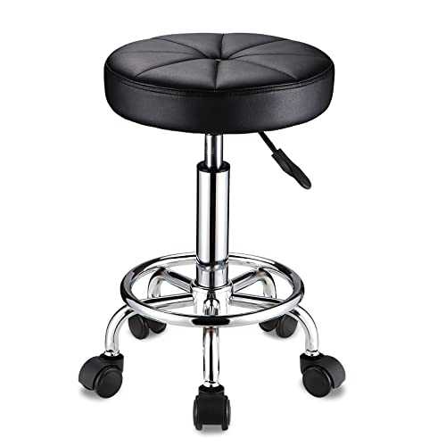HMTOT Swivel Stool with Wheels Round Rolling Stools PU Leather Height Adjustable Black