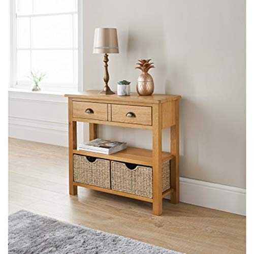 SB 19 Wooden Wiltshire Oak Rustic Console Table With Storage Baskets.