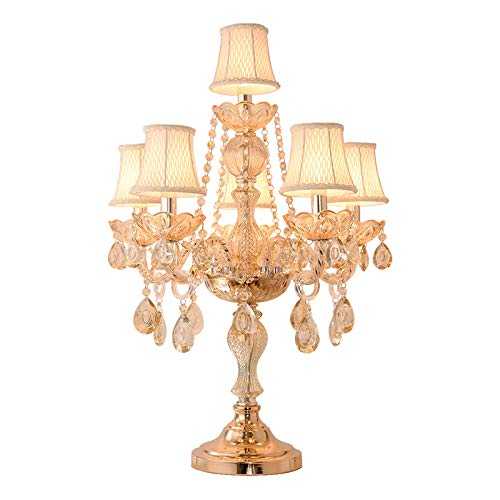 Nightstand lamp Classic European Crystal Table Lamp Luxury Bedroom Bedside Lamp Drop Pendant Decoration and 6 Fabric Lampshades, Push Button Switch is Suitable for Living Room, Study Room and Bedroom