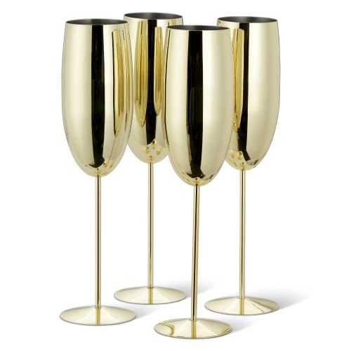 Oak & Steel - 4 Elegant Stainless Steel Gold Champagne Flutes - 285ml