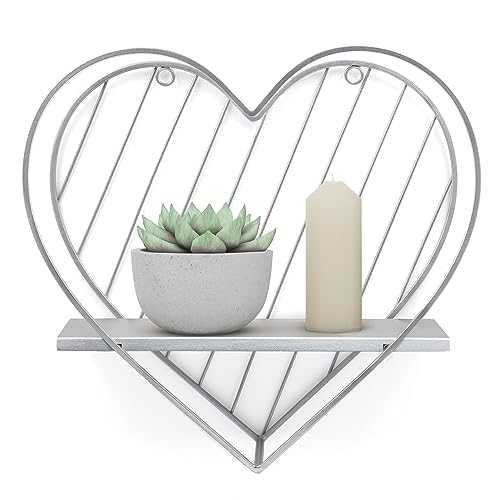 SUMGAR Floating Shelves Grey Metal Wire Wooden Heart Industrial Shelf for Wall Mounted Hanging Bathroom Bedroom Kitchen Living Room Office Toilet Storage Picture Plant Display Organiser Unit Small