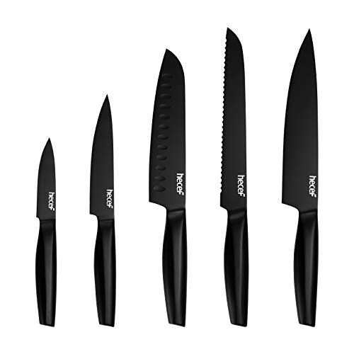 hecef 5 Pieces Black Coated Knife Set with Hollow Handles, Kitchen Knife Set with Protective Sheaths, Non-Stick Black Coating Blade Knives