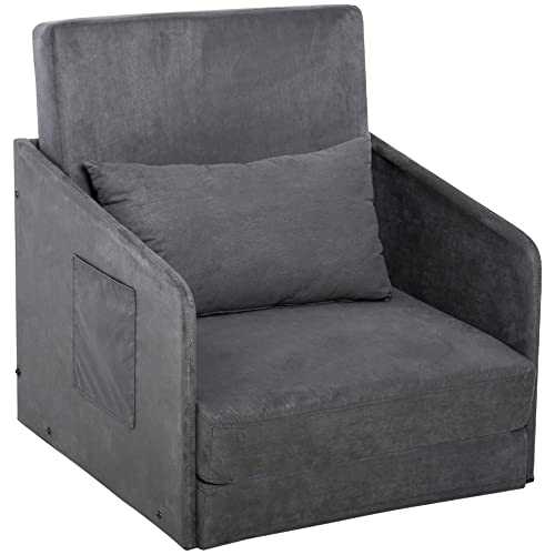 HOMCOM Single Sofa Bed Armchair Soft Floor Sleeper Lounger Futon Couch w/Pillow and Pocket Grey