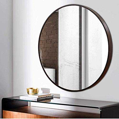 Simple Round Mirror 80cm Metal Modern Wooden Frame HD Toughened Glass Art Deco Wall Hanging for Bathroom Wardrobe Salon Bath (Color : Walnut Size : 70cm)