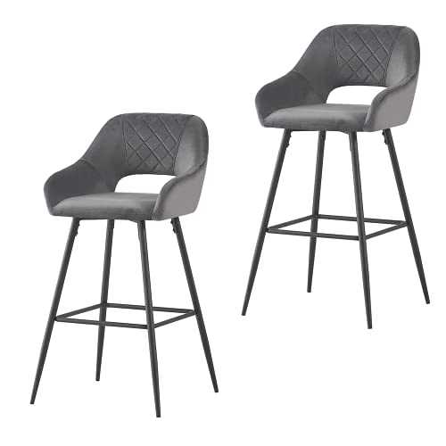 AINPECCA Bar Stools Set of 2 Velvet Grey Breakfast Dining Bar Stools Fixed Height Bar Chairs with Metal Frame and Footrest for Breakfast Bar, Counter, Kitchen and Home