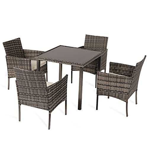 Bespivet Rattan Garden Furniture Set, Outdoor Woven Wicker 5 Set，4 Rattan Chairs and 1 Table, Conservatory, Lawn, Terrace, Courtyard, Restaurant, Rattan Table and Chair (Gray 5-Piece Set)