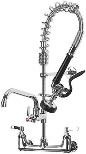 Commercial Wall Mounted Mixer Taps 6 Inch Center Wallmount Double Handle with 12 inch Add on Swing Spout, Pre-Rinse Kitchen Faucet - Brass Construction