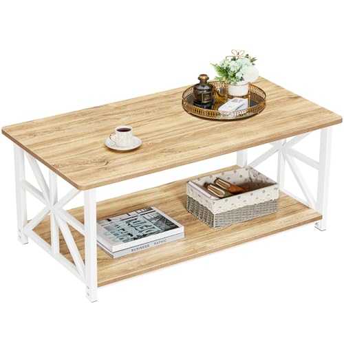 GreenForest Coffee Table with Round Corner,100 cm Design Center Table with 2-Tier Storage Shelf X-Frame Design for Living Room Home Office,OAK