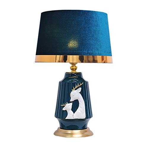 YUHUAWF Bedside Lamp Modern Hand Painted Deer Table Lamp Ceramic Table Desk Lamp with Metal Plated Copper Base and Blue Fabric Lampshade， 22 Inches, Blue Dimmable