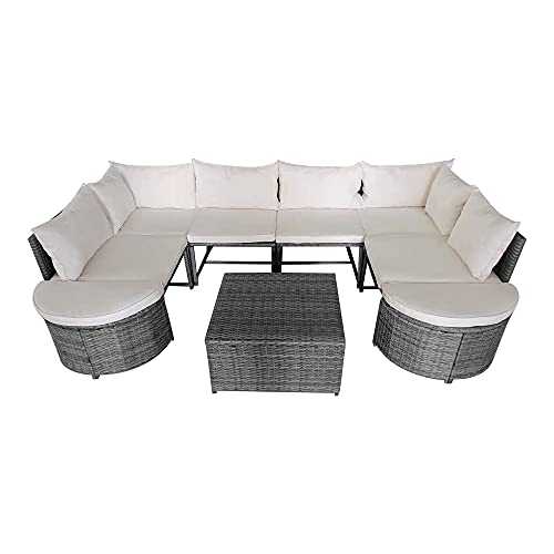 Panana 6 Seater Rattan Furniture Set Wicker Weave Sectional Corner Sofa Lounge Set with Coffee Table Stool Garden Conservatory Outdoor Patio Poolside