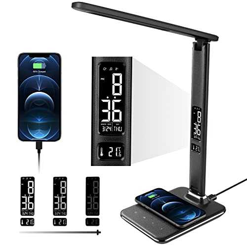 Yeslights Desk Lamp Pro Series, LED Desk Lamp with USB Charging Port and Wireless Charger, Desk Lamps for Home Office, Table Lamp with Clock, Alarm, Date, Temperature - Black