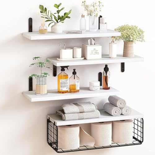 4+1 Tier Floating Shelves, Rustic Wood Wall Mounted Shelf, Bathroom Shelves Over Toilet with Wire Storage Basket, Farmhouse Wall Decor for Bedroom, Living Room, Kitchen, Office, and More (White)