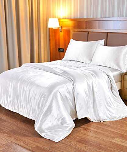 Findigit Full Satin Silk Duvet Cover Sets - Soft Silky 3 Piece Comforter Cover Set - All Season, Shiny Vibrant Solid Color Soft Bedding Set With SHAM (Double Size, White)