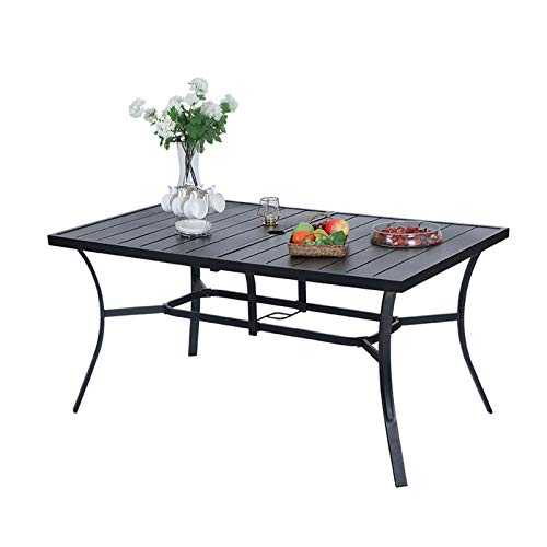 MFSTUDIOO 6-Person Outdoor Metal Steel Slat Dining Rectangle Table with 2.6" Umbrella Hole, Black