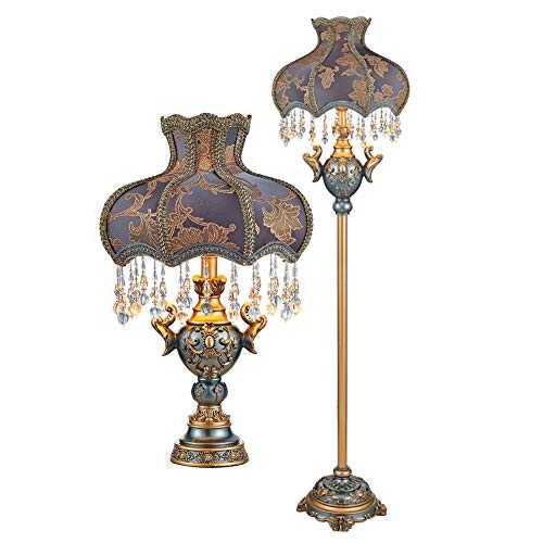 Resin table lamp + Floor Lamp, Flax Lampshades, Vintage Bedside Table Lamps Set For Traditional Bedroom Living Room Dinning Room, E27(Size:Set 2)