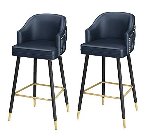 ShuuL 26 Inches Blue High Leather Bar Chairs Barstools Set of 2 Counter Height Upholstered with Nailheads and Gold Tipped Black Metal Legs, Leisure Counter Stools with Backrest and