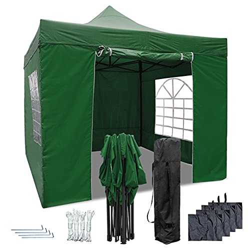 RNSSEZ Pop Up Gazebo with Sides 3m x 3m, Waterproof Heavy Duty Gazebo, Outdoor Garden Shelter with Black Storage Carry Bag and 4 Gazebo Weight Bags (Green)