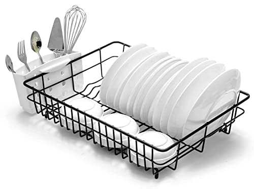 B & Z Black Wire Extra Large Dish Drainer Rack | Single Tier, Rust Proof, Heavy Duty, Plastic Coated, Spacious, White Utensil Tray Cutlery Holder for Kitchen | Mat Black ( 48cm x 37.5cm x 11.5cm )