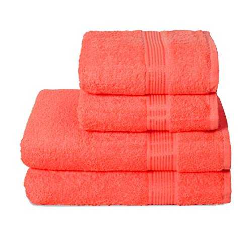 GLAMBURG Ultra Soft 4 Pack Towel Set, Cotton, Contains 2 Oversized Bath Towels 70x140 Cms, 2 Hand Towels 50x90 Cms, Ideal for Gym Travel & Everyday use, Compact & Lightweight - Coral Orange
