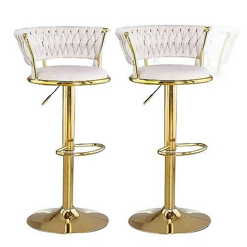 Guyifuny Kitchen Bar Stools with Velvet Woven Backrest Set of 2, Height Adjustable Counter Height Stool Bar Chair with Gold Metal Base for Pub, Kitchen, Cafe,White