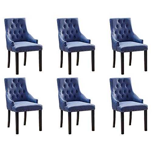 Set of 6 Leather-Aire Blue Dining Chairs with Knocker Studded for Dining Room Kitchen, High Back Upholstered Accent Side Chairs for Bedroom, Living Room, Button Tufted Armchair (Blue, 6)