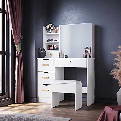 ELEGANT Dressing Table Set with 5 Drawers & 4 Shelves, Makeup Desk with Sliding Mirror and Cushioned Stool, Large Storage White Vanity Table for Girls