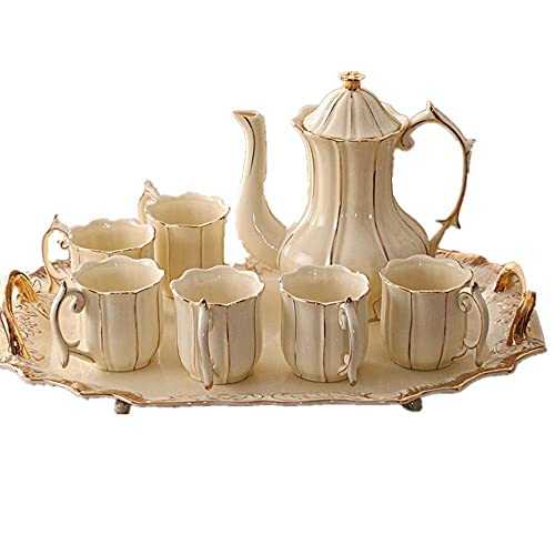 XiYou Tea Coffee Cup Set 8 Pieces Gold Trim Glazed Porcelain Coffee and Tea Service Set with 6 Piece Cups and Teapot Tray Afternoon Tea Drinkware Coffee Set