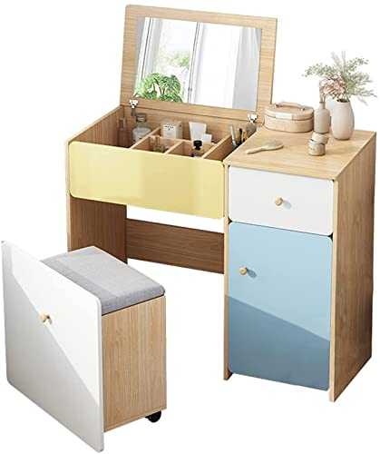 Dressing Table Vanity Desk With Creativity Flip Up Mirror Makeup Table Set With Stool Wooden Dresser With Large Storage And Drawers For Kids Woman (Size : 60CM)