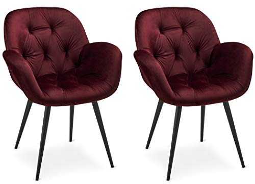 Ibbe Design Set of 2 Bordeaux Soft Velvet Upholstered Kitchen Dining Lounge Leisure Chairs Armchairs Salina, Armrests & Chesterfield Backrest, Black Metal Legs, SH: 48 cm