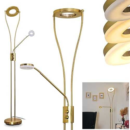 LED Uplighter Tierz in Golden Metal, Retro-Modern Floor lamp, washlight & Flexible Reading Light are Separately dimmable, 22 watt, 1850 Lumen max. 3000 Kelvin (Warm White)