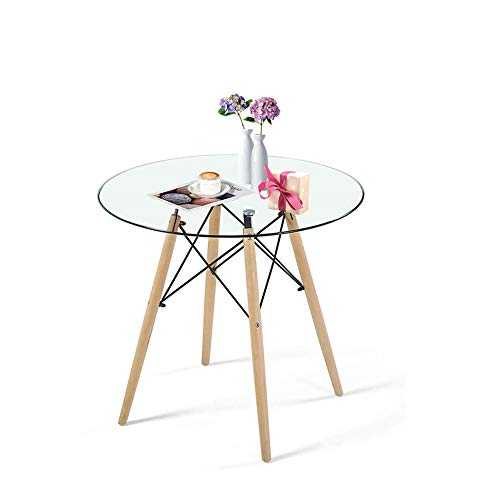 Round Table Glass Kitchen Dining Table Glass Dining Room Table Modern Style Round Leisure Coffee Table Office Coference Desk with Wood Legs for Kitchen Living Room (Round Table Glass)