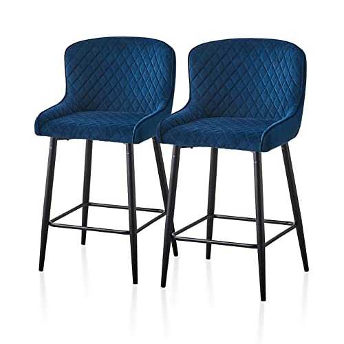 TUKAILAI Upholstery Velvet Bar Stools Set of 2 Leisure Industrial Kitchen Breakfast Counter Stools with Comfortable Padded Seat and Metal Base Dining Room Lounge Reception Island Pub Barstools Blue