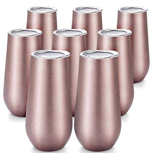 KJGHJ Champagne Flutes 8 Packs Stemless Champagne Flutes 6 OZ Double-Insulated Wine Tumbler With Lids Unbreakable Cocktail Cups, Wine Tumbler (Color : Rose Gold)