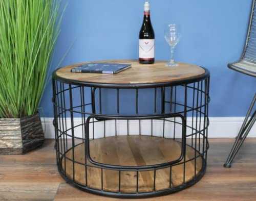 Industrial Coffee Table Vintage Retro Side End Unit Rustic Solid Wood Storage Shelf Furniture Large Metal Round Shabby Chic Room Stand