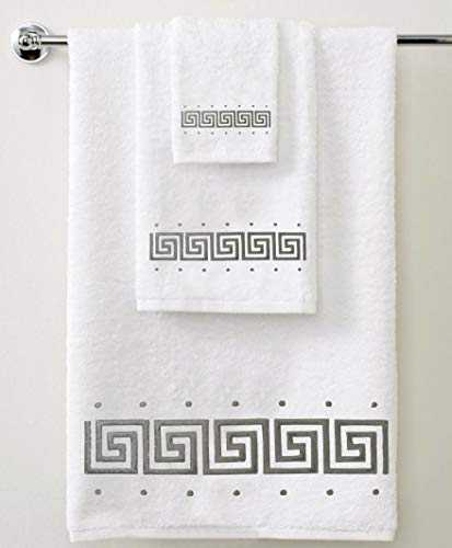 QCS Elegant Embroidery 100% Cotton Greek Key Embroidered Bath Towel 3 Piece Gift Bale Set 600 GSM 1 Bath Towels, 1 Hand Towels and 1 Guest Towels Personalised Embroidered Set