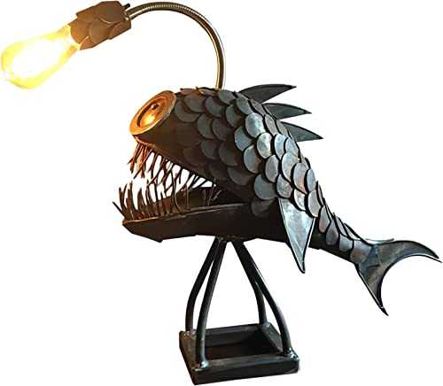 FGVV Creative Angler Lamp, Angler Fish Lamp Art Lamp, Retro Iron Art Shark Lamp, USB Fish Design LED Night Light, Table Lamp for Home Decor S