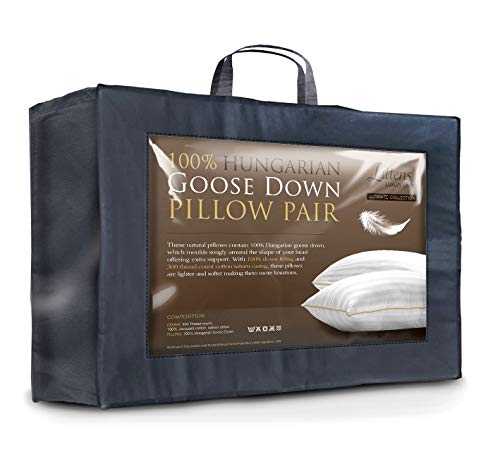 Littens Luxury Ultimate Collection 100% Pure Hungarian Goose Down Pillows Pair 300TC 100% Cotton Jacquard Casing, Down Proof, Gold Piping