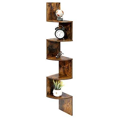 Amazon Brand - Umi 5 Tier Corner Shelf, Zigzag Design Floating Wall Mounted with Display Bookshelf Storage, Rustic Brown