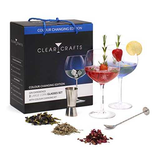 Gin Glasses Gift Set of 2 with Colour Changing Kit by CLEAR CRAFTS | 2 G&T Glasses | Jigger and Pro Cocktail Spoon| Make 7 Bottles of Coloured Gin | Instruction Booklet Included
