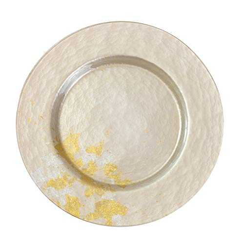 Syosaku Japanese Urushi Glass Dinner Plate Φ12.5-inch Majestic White with Gold Leaf, Dishwasher Safe