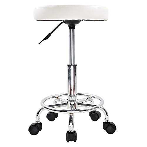 KKTONER PU Leather Round Rolling Stool with Foot Rest Swivel Height Adjustment Spa Drafting Salon Tattoo Work Office Massage Stools Task Chair (White)