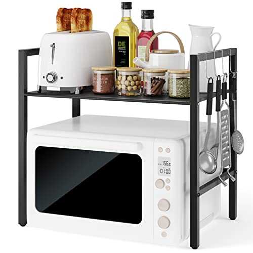 BTGGG 2 Tier Microwave Oven Rack Metal Microwave Stand Shelf Baker's Rack Kitchen Counter Storage Organiser Space Saver Cabinet with Spice Rack, Black