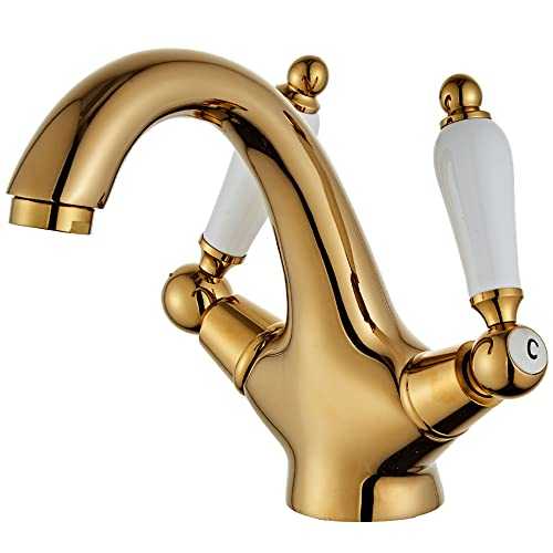 Maynosi Bathroom Basin Mixer Tap, Basin Faucet with Dual Ceramic Levers, Traditional Victorian Monobloc Sink Taps, Luxury and Vintage Faucets, Solid Brass, Include Flexible Tails (Gold)