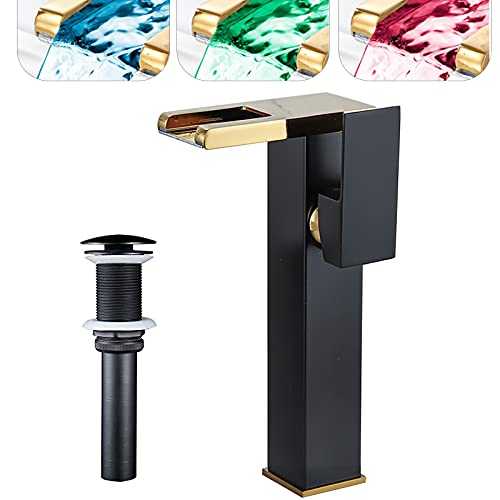 Bathroom Vessel Led Faucet Black& Gold 3 Color Changing Waterfall Single Handle One Hole Bowl Sink Faucet Vanity Lavatory Deck Mount Mixer Tap with Pop Up Drain Without Overflow and Supply Lines