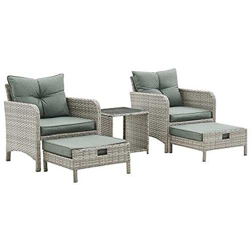 Grey Rattan Garden Furniture Set Outdoor Patio Lounge Chair Duo with Pull Out Footstools & Coffee Table