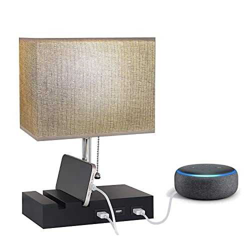 Black USB Bedside Table Lamp (Bulb Included) DAMORON Bedside Desk Lamp with 3 USB Charging Ports 2 Wooden Phone Stand Organizer, Grey Fabric Lampshade and 5W E27 Warm LED Bulb for Bedroom, Living Room