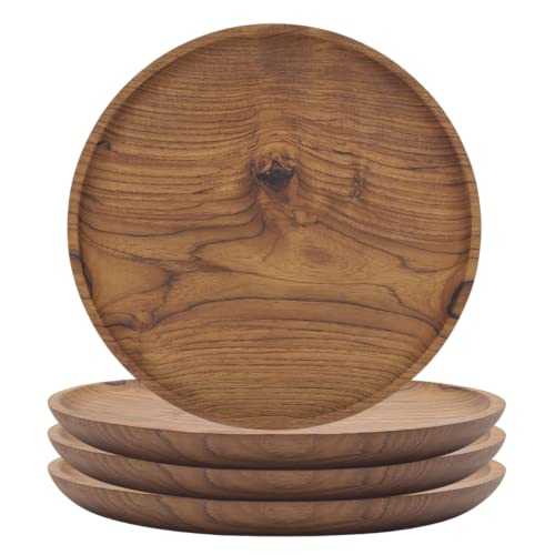 Teak Wood 4 Servings Dinner Plates, Solid Teak Wood Dinner Plates, Yuniff 11-inch Round Modern Wooden Charger Plate, All Natural, Set of 4