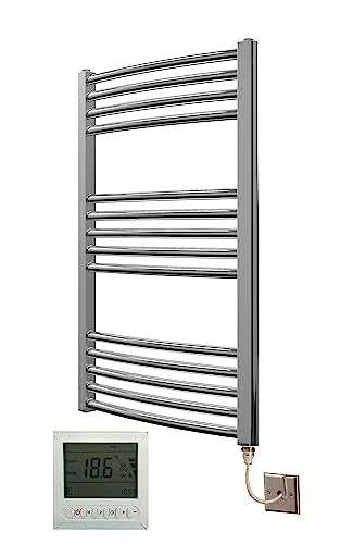 Electric Chrome 500W x 800H Curved Towel Rail + Timer and Room Thermostat New Designer Bathroom Towel Rails