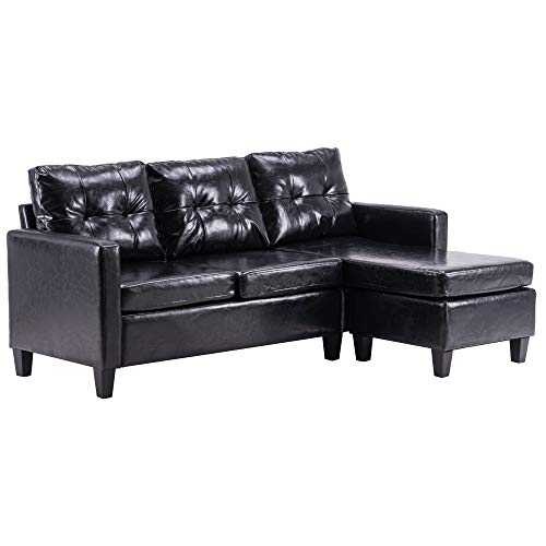 SH Modern Sectional Sofa Couch, L-Shaped Sofa Couch with Faux Leather for Small Space, Black