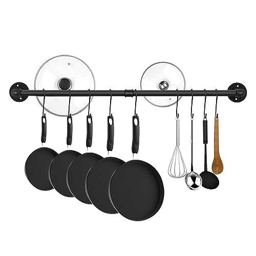 39.4 inch Pot Rack Wall Mounted with 15 Hooks, Hanging Pot Pan Organizer Rack,Utensil Industrial Pipe Hanger,heavy duty Cast Iron Skillet Storage Rail,Cabinet Black Pots and Pans Storage…